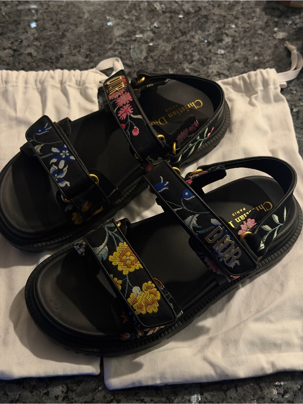 Dior Black Floral Strap Sandals with Multicolor Embroidery